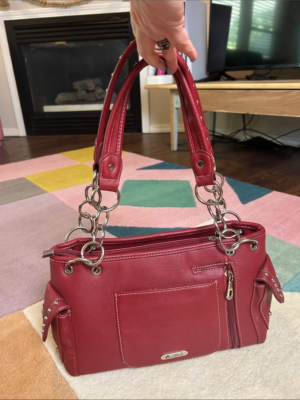 Montana West Red Faux Leather Americana Studded Tote Bag Patriotic Flag Design - Picture 4 of 17